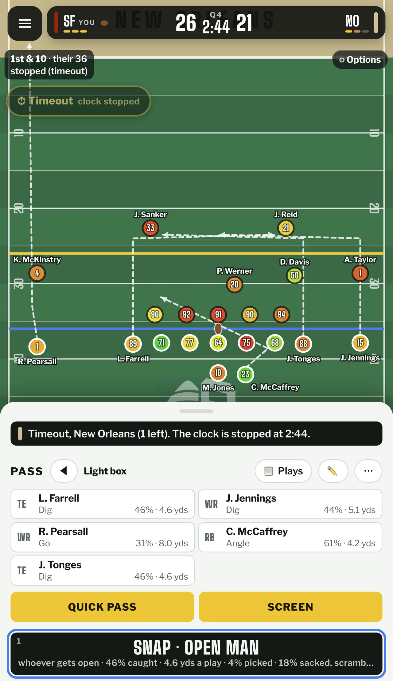 Dashed route lines rise from the receivers into the secondary with a crossing route across the top, ball on the blue line