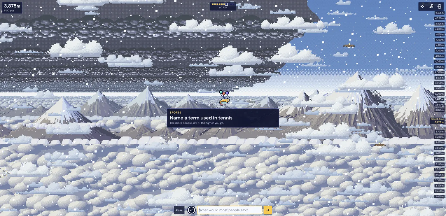 Tennis-term prompt above a snow-covered ridge, with an empty answer bar and the height meter running up the right edge
