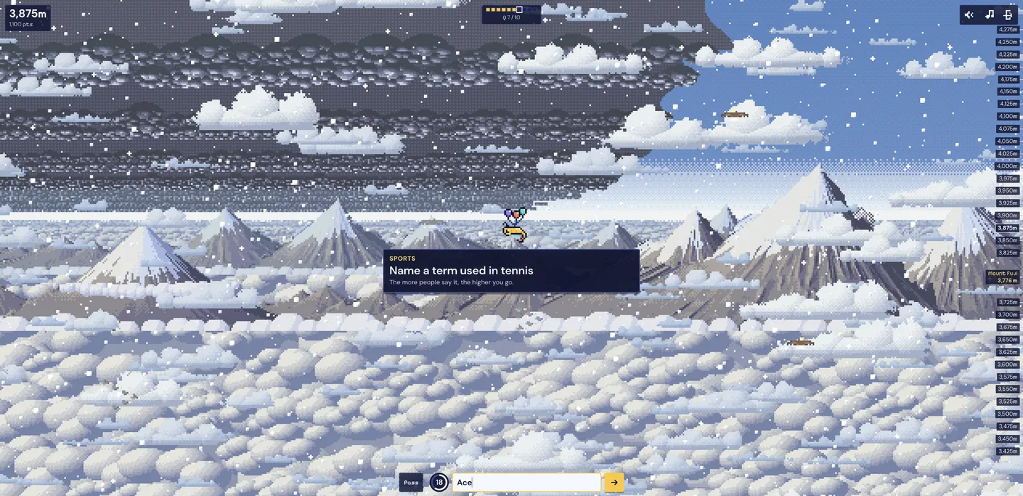A three-letter answer typed into the bar with the countdown still above ten and rows of peaks behind it